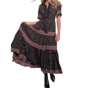 Free People Boho Black and Red Floral Maxi Dress Medium